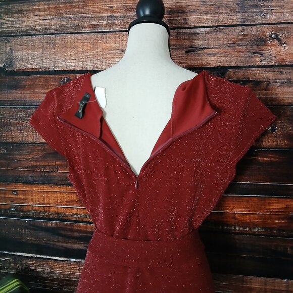 NWT Ivnis Knit Dress XL Wine Glitter Sparkle Belted Zip Back Cap Sleeve Retro - Picture 6 of 13